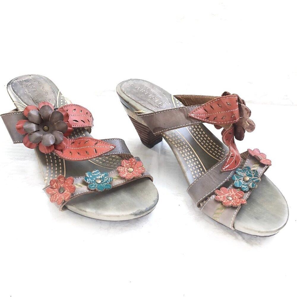 L'Artiste Spring Step Lona Floral Leather Heeled Slide Sandal 40